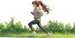 woman jumping in park, person jumping, cartoon strong lines brown hair middle age woman