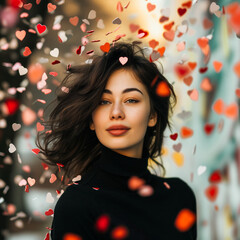 Poster - Solo shot of a woman with a burst of heart-shaped confetti