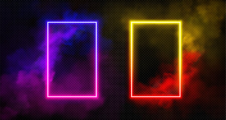 Wall Mural - Rectangle neon luminous gradient frame with smoke clouds. realistic vector set of magic fantasy glowing game portal door with bright light border and colorful steam. Casino or night club decoration.