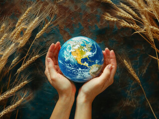 Closeup flatlay overhead of hands holding and caring about the planet Earth on a background full of wheat ears. Hunger in the world.