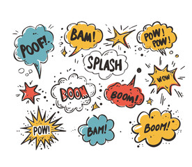 Comic bomb boom vector element. Hand drawn cartoon explosion bomb effect, splash, exclamation smoke element. Doodle hand drawn text boom, pow, wow, POOF, SPLASH. Vector illustration