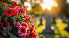 Flower Bouquet In The Cemetery With Sun Light, Vintage Tone