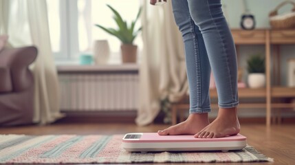 Close up of a woman standing barefoot on a scale.