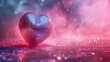 a heart shaped disco ball floating in pink and white spray