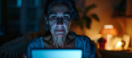 Skeptical, nervous middle-aged Hispanic woman using touchpad at night, upset and frowning over a problem.