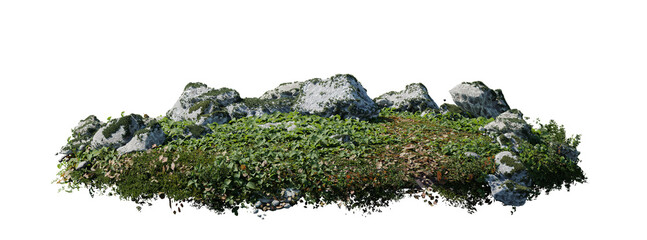 round surface patch covered with flowers, green leaf rock fern or dry grass isolated on transparent 