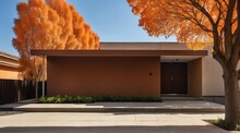 Brown Orange House Facade With Concrete Sidewalk And A Tree And Dramatic Shadows From Generative AI