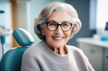 Wall Mural - Elderly gray-haired woman in dentist's chair looks satisfied with treatment. Doctor checks patient's teeth in the dental office, oral hygiene, veneers, dentures, implants