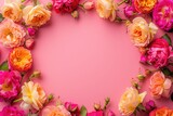 Fototapeta Tulipany - Frame made of beautiful roses on a pink background with space for text, concept of Valentine's Day, Mother's Day, Women's Day