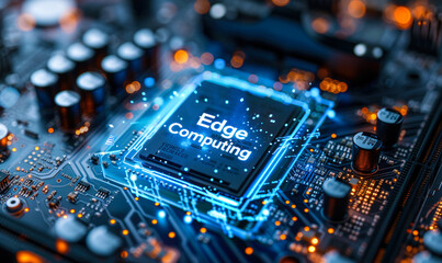 Poster - edge computing concept highlighted on a motherboard, illustrating advanced data processing technolog