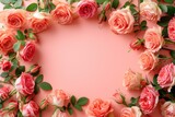 Fototapeta Tulipany - Frame made of beautiful roses on a light blue background with space for text, concept of Valentine Day, Mother Day, Women Day