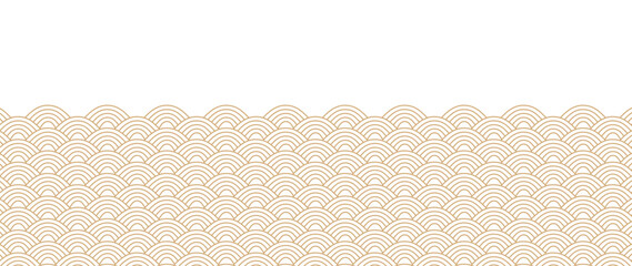 Sticker - Japanese gold wave background vector. Wallpaper design with gold and white ocean wave pattern backdrop. Modern luxury oriental illustration for cover, banner, website, decor, border.