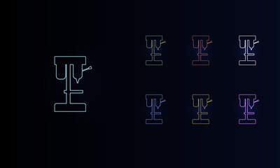 Poster - A set of neon boring mill symbols. Set of different color symbols, faint neon glow. Vector illustration on black background