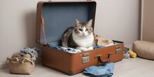 The Cat Is Sitting In A Suitcase With Things