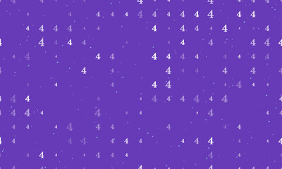 Poster - Seamless background pattern of evenly spaced white number four symbols of different sizes and opacity. Vector illustration on deep purple background with stars
