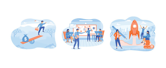 Poster - business start up concept, a flying businessman and a bag full of money, a group of people character