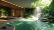 A tranquil indoor zen garden with a waterfall, lush greenery, and natural stone, creating a peaceful retreat within a modern home