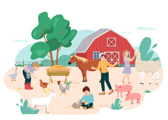 Children visit contact zoo. Girls and boys feeding domestic animals in the farm. Little kids petting llama, rabbits, piglet and feed the poultry. Vector illustration in flat style