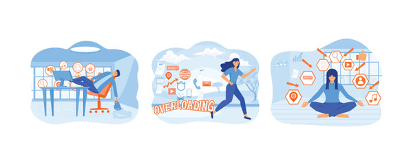 Poster - information overload concept. young woman running away from information stream. dome filter protects