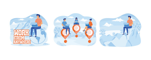 Poster - man sitting on an earth globe working on his laptop. work from anywhere. man sitting with laptop doi