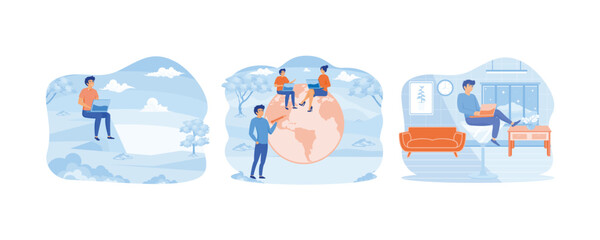 Poster - work from anywhere. business people sitting around world map on globe working with online computer. 