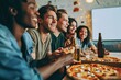 Group of friends watching tv and eating pizza. cheerful young people having weekend home party together - Happy students having fun in university rooms - Youth lifestyle and food, Generative AI