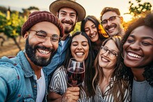 Friends Drinking Red Wine Outside At Farm House Vineyard Countryside. Group Of Young People Taking Selfie Picture Outdoor. Life Style Concept With Guys And Girls Enjoying Summer, Generative AI