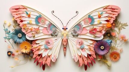 A paper-cut butterfly is surrounded by delicate paper flowers.