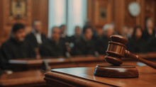 Close-up Photograph Of A Judge's Gavel, Foregrounded Against The Soft, Out-of-focus Silhouettes Of People Seated In A Courtroom