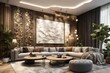 A high-end living room interior with a wall mockup presenting a customizable 3D art installation.