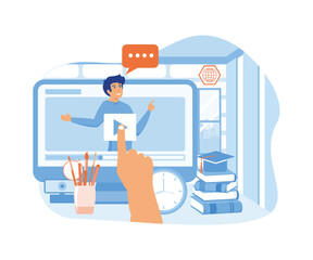 Poster - online education and graduation. businessman hand touching screen with lecture media. flat vector mo