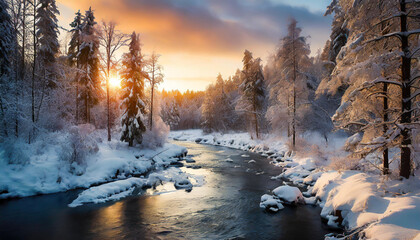 Wall Mural - Winter sunset over snowy forest and river landscape