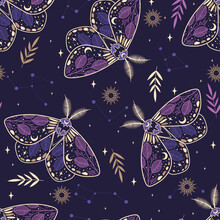 Magic Purple Seamless Pattern With Moths. Boho Magic Background With Space Elements Stars. Vector Doodle Texture.
