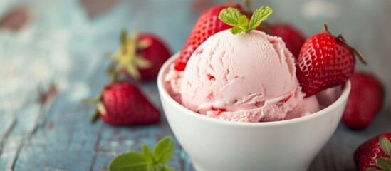 Wall Mural - Strawberry ice cream in a white cup on the table.