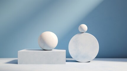 Poster - Close-up of a minimalistic white marble podium with geometric shapes, spheres on a blue background for a product demonstration with copy space.