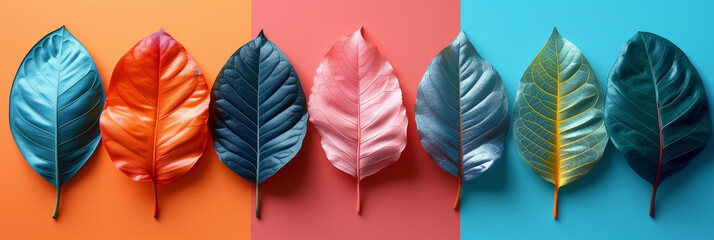 Wall Mural - Array of painted tropical leaves in various colors against a vibrant multicolored background, showcasing a creative or artistic concept