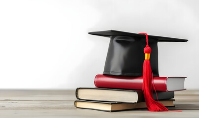 Wall Mural - Graduation hat with diploma and books on dark table against white background