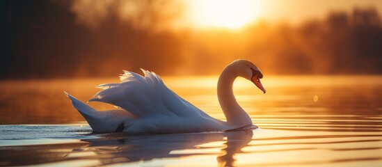 Wall Mural - A swan of white gracefully glides in the lake during sunset.