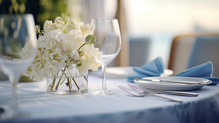 Wall Mural - table setting in the restaurant interior light blue tones mediterranean style