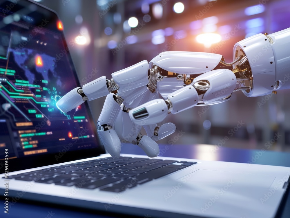 Computer Science Rovbot An artificial intelligence AI robot hand points at the screen of a ...