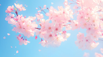 Wall Mural - Sakura pink flowers blossoming on branches, watercolor beautiful cherry blossom against background of blue sky, dreamy romantic image spring, for nature landscape backgrounds.