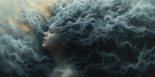 Woman Surrounded By Clouds, Depression, Trauma, Loneliness And Mental Health, Brain Fog By Dementia, Social Issue And Shyness
