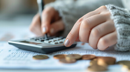 Canvas Print - close-up of a hand using a pen to press a button on a calculator with coins and financial documents on a table