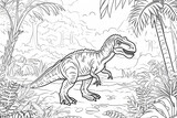 Fototapeta Dinusie - Allosaurus Dinosaur Black White Linear Doodles Line Art Coloring Page, Kids Coloring Book