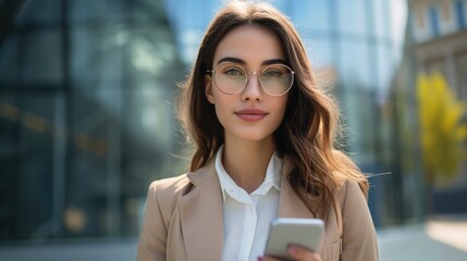 Poster - Portrait of a beautiful young businesswoman standing outside using mobile phone