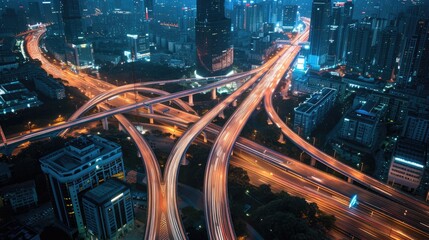 Top view and curvy of Highway overpass with beautiful city background. night scene.