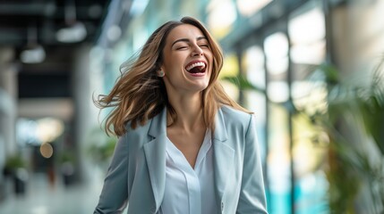 Wall Mural - Elevated Workplace Energy: Exuberant Businesswoman Laughing Happily Amid Contemporary Office Setting