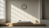 Fototapeta Konie - A minimalist bedroom with a low platform bed and a single, oversized wall clock. 