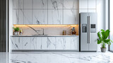 Fototapeta Konie - A minimalist kitchen with stainless steel appliances against white marble countertops. 