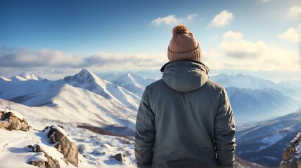 Portrait of a young man walking on top of mountain winter background, back view from Generative AI